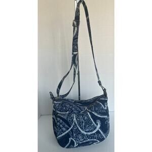 Vera Bradley Large Quilted Blue White Floral Fabric Crossbody Purse Saddle Bag